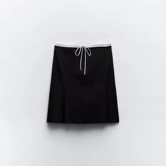Black White Zara Drawstring Elastic Waist Mixed Combination Striped Boxer Skirt - Picture 4 of 7